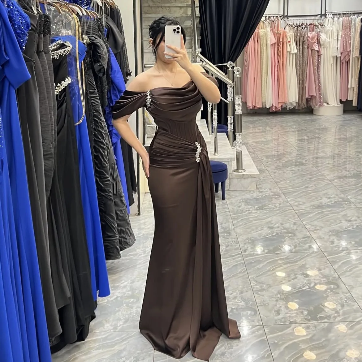 الشوكولاته فساتين لحضور الحفلات الموسيقية كريستال مغرفة عالية الجودة الساتان حورية البحر فساتين لحضور الحفلات الموسيقية مع الدانتيل حتى الظهر vestidos de fiesta de noche #1