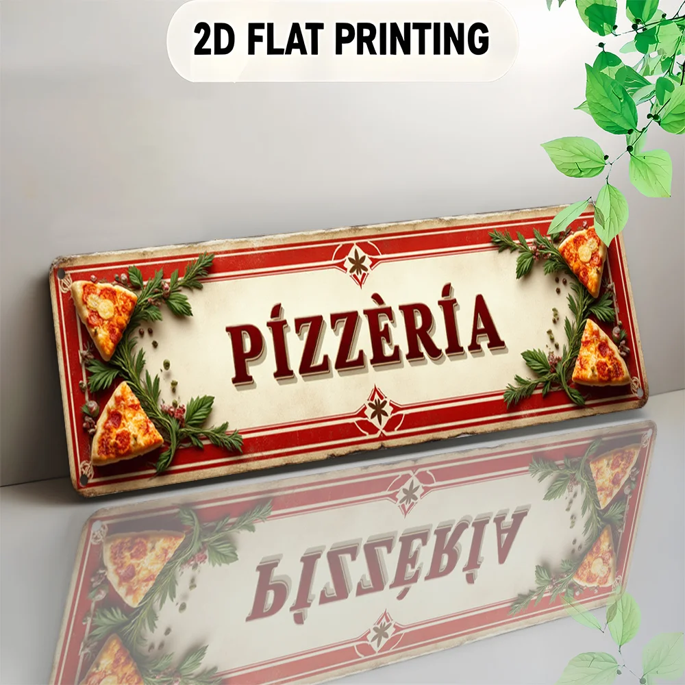 Letrero Metálico de Pizzería, Impresión Plana 2D, Decoración de Pared Vintage, Placa con Diseño Retro de Rebanada de Pizza Italiana y Hierbas, Estilo Clásico de Pizzería