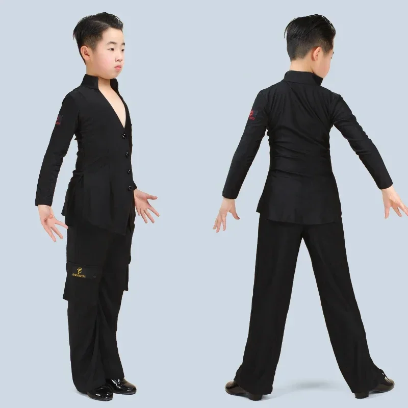 Nieuwe Jongens Latin Dance Kostuum Lange Mouwen Shirts Zwarte Broek Kids Cha Cha Ballroom Dance Wear Latin Competitie Outfit Bl8411