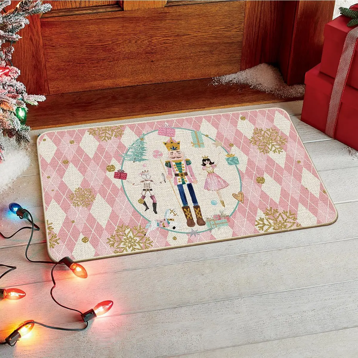 Christmas Nutcracker Pink Rhombus Plaid Entrance Doormat Home Decor Kitchen Corridor Balcony Floor Mat Christmas Decorations