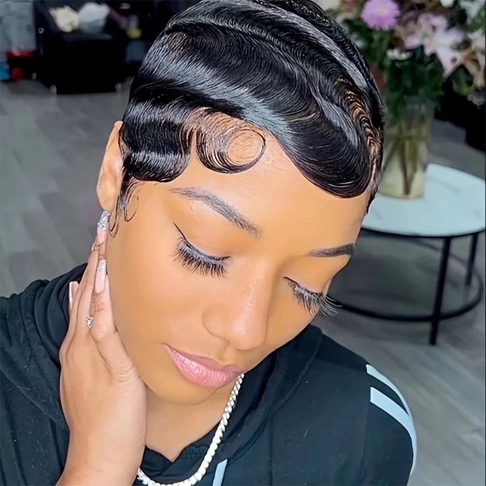 

Short Bob Finger Wave Wig 13x4 Lace Frontal Wig 100% Human Hair For Women Ocean Wave Pixie Cut Wigs Layered Style For Women