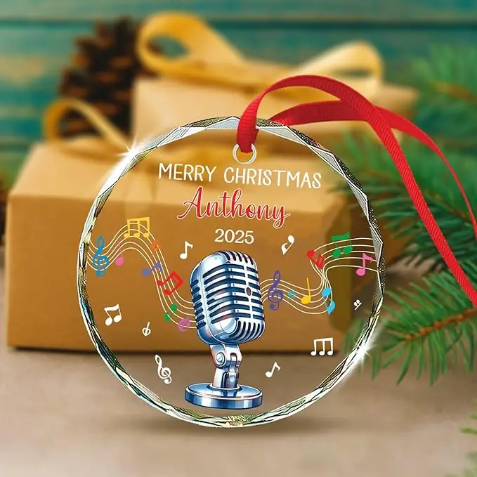 Ornamento de vidro de microfone personalizado natal 2025, presentes de ornamentos de natal de microfone para fãs de karaokê de cantor
