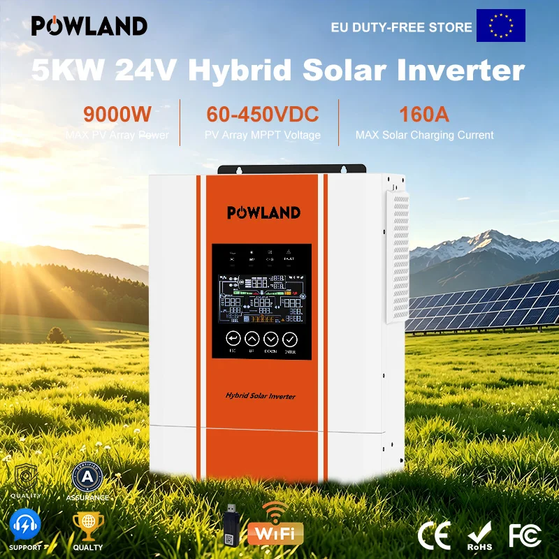 POWLAND 5KW 24V 230V Huishoudelijke zonne-energie omvormer met enkelvoudige netwerkfunctie, zuivere sinusgolf, MPPT-laadunit 100A, PV-voeding 500VDC