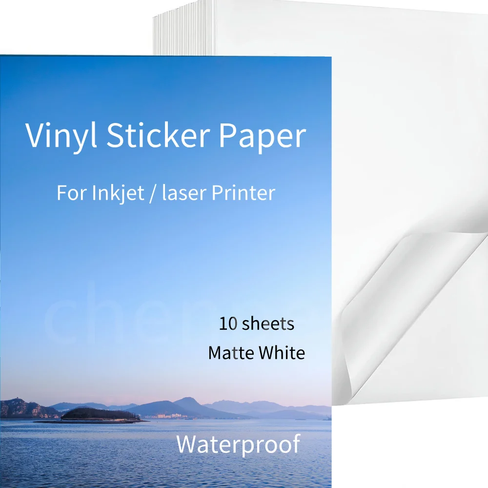 กระดาษสติกเกอร์ไวนิลพิมพ์ระดับพรีเมียม 10 แผ่นสําหรับเครื่องพิมพ์เลเซอร์อิงค์เจ็ท Matte White Glossy กันน้ํากระดาษพิมพ์แห้งเร็ว