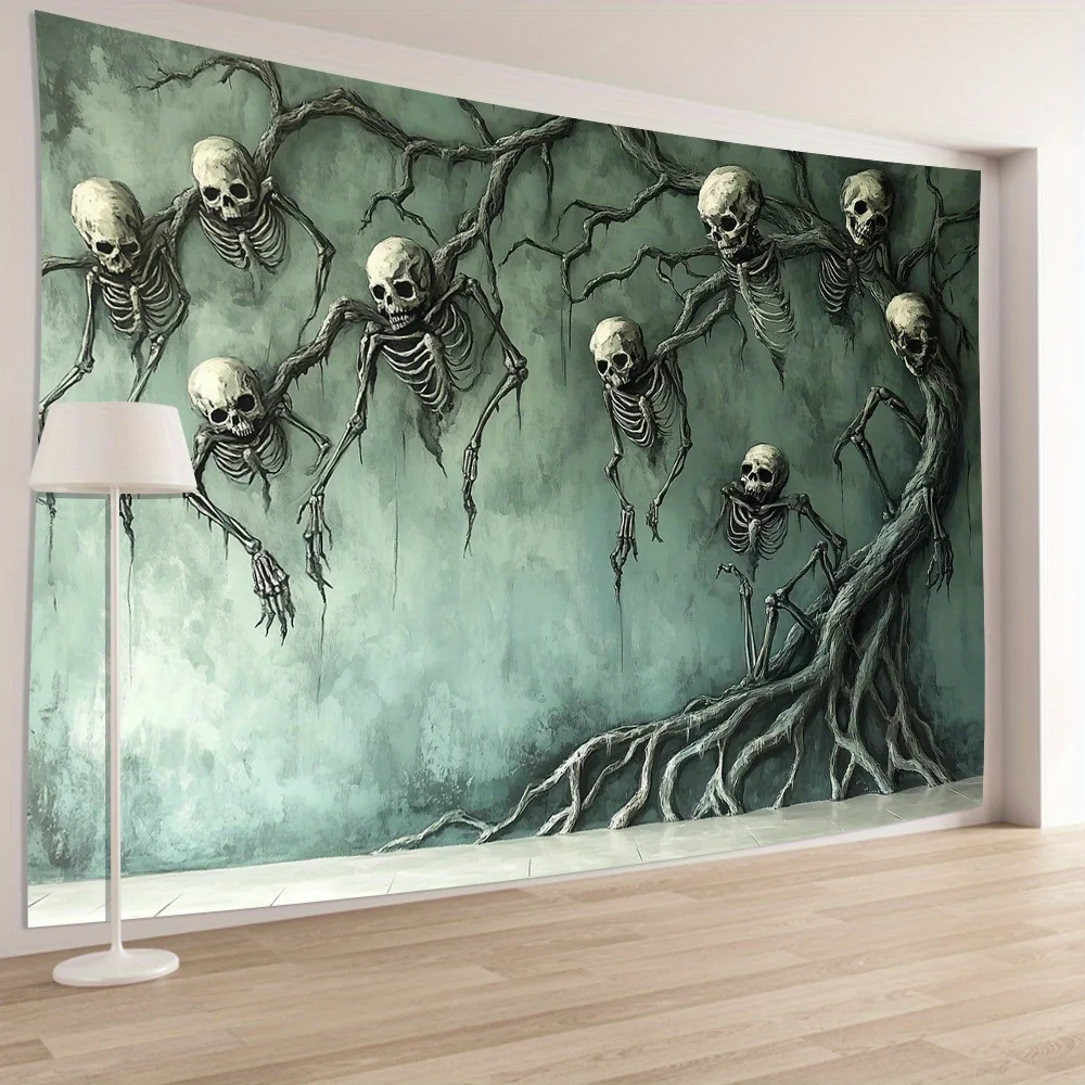 Spooky Skeleton Tapestry with a Haunting Design of Skeletons Emerging from the Wall, Perfect for Halloween Decor or Adding
