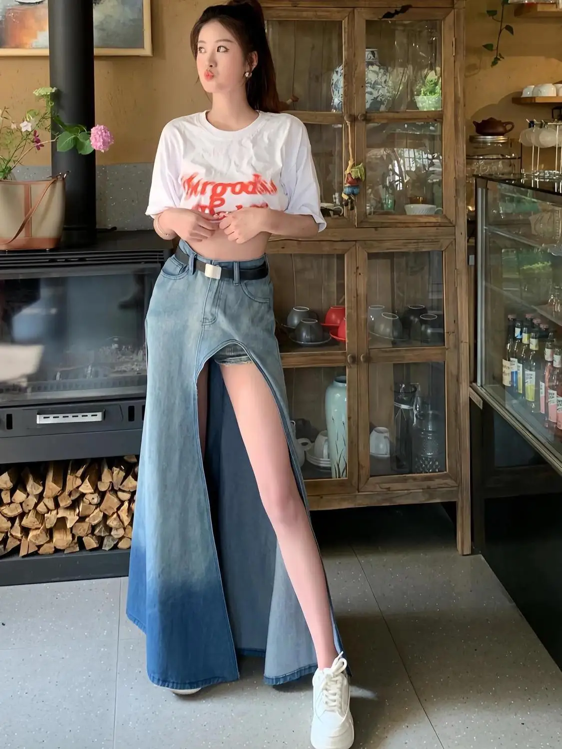 Fille changement progressif personnalité coréenne Denim jupe fendue été américain rétro irrégulière taille haute polyvalent moyen longues jupes