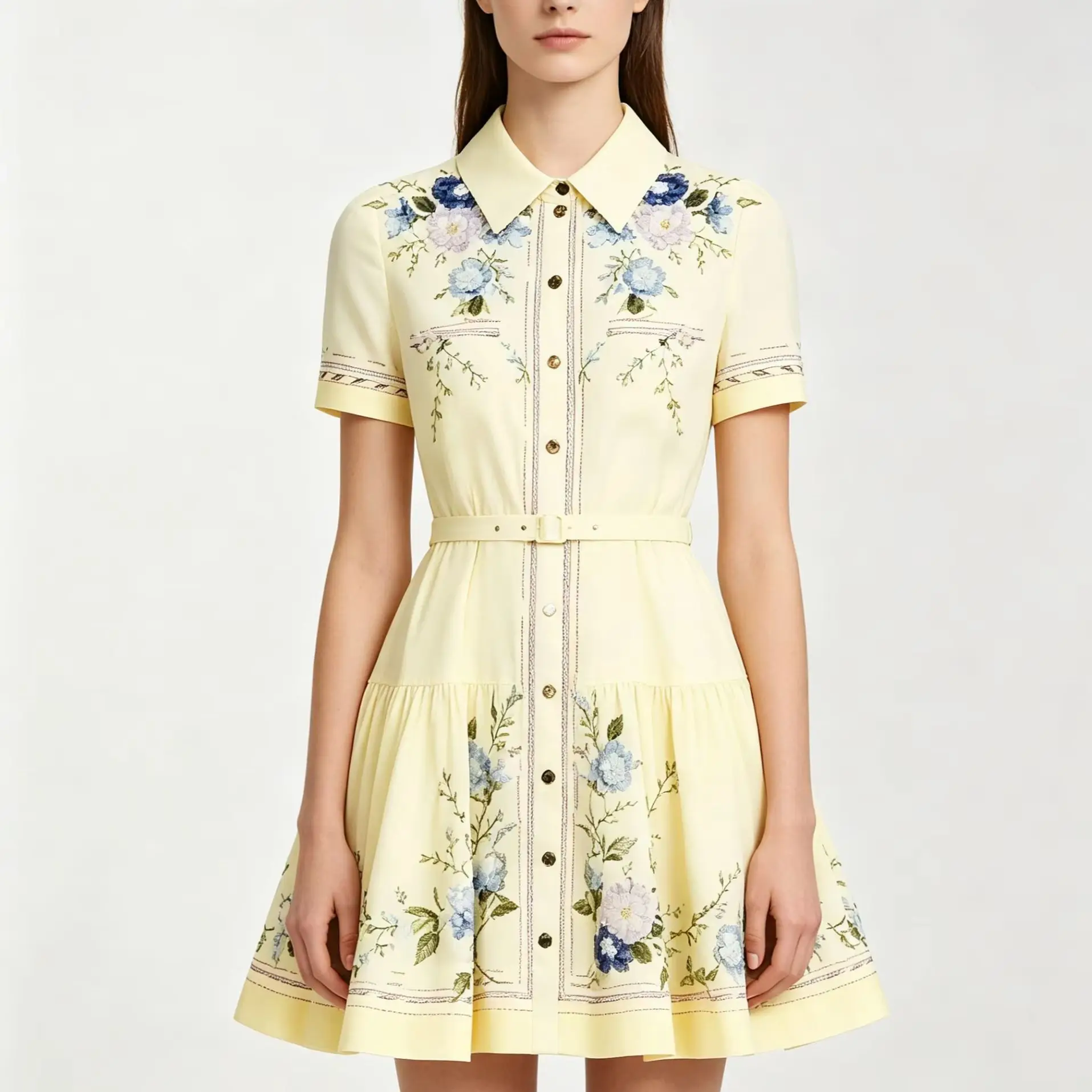 

Elegant Floral Print Shirt Dress Women Vintage Yellow Button Up Short Sleeve Belted A-Line Mini Dress For Holiday Party Outfits