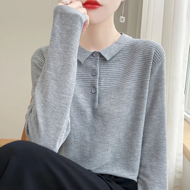 Women\'s sweater autumn/winter 100% pure wool pullover casual solid color knitted Tops Japanese/Korean loose POLO collar Blouse