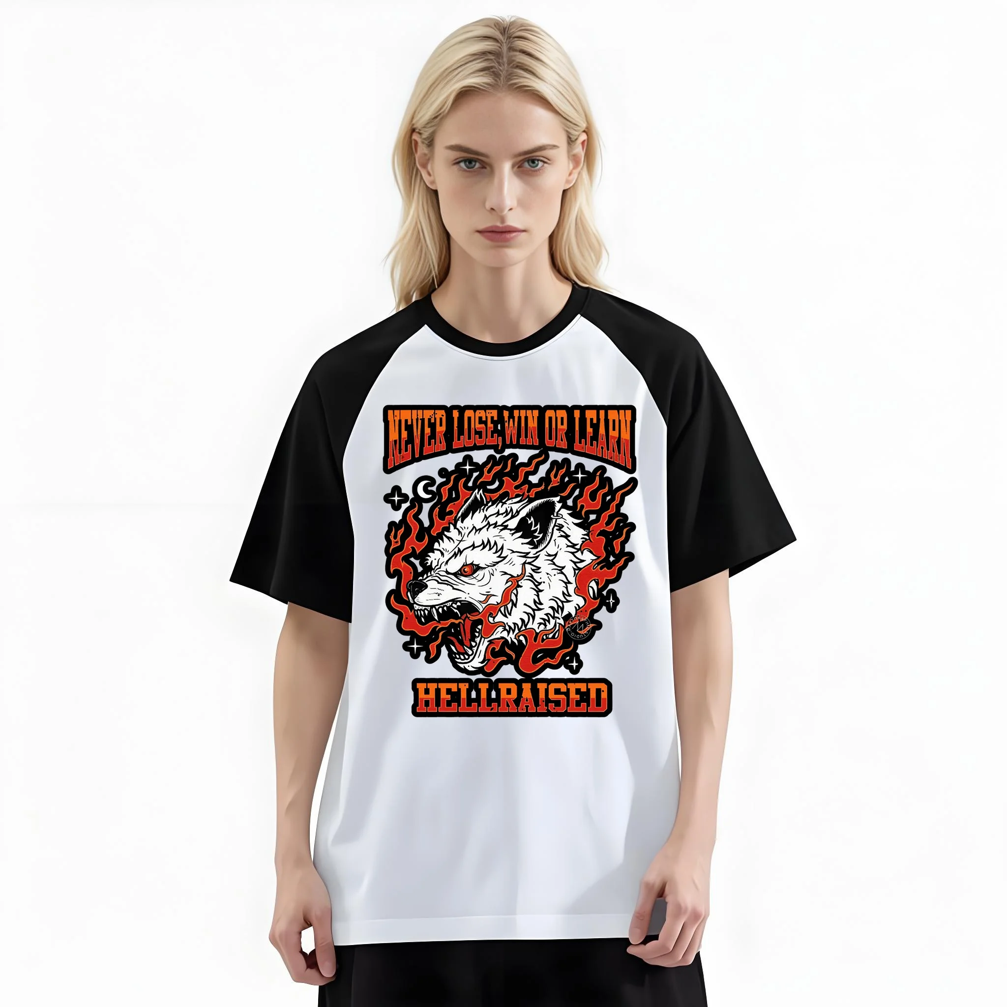 Women'S Fashion Raglan Sleeve T-Shirt, Never Lose Win Or Learn Flaming White Wolf Grunge Hardcore Printed, Summer Casual Comfortable Tee, Women'S Everyday Short-Sleeve Top