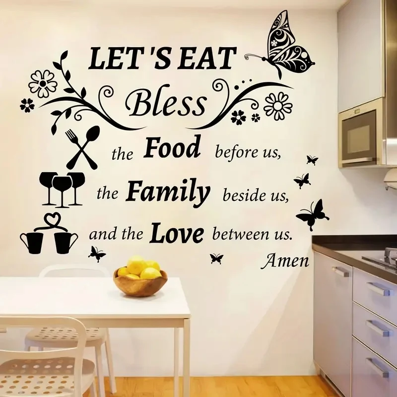 

1pc Kitchen Wall Decal Dinner Meal Prayer Wall Sticker Kitchen Quote Wall Decal Let's Eat Blessing Food Before We Sign Christian