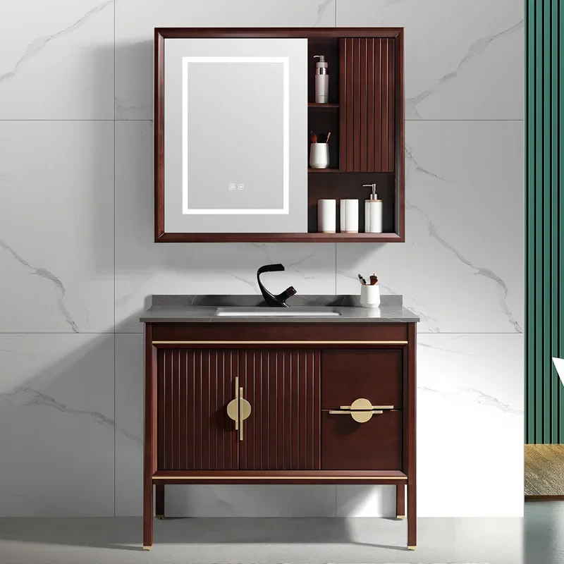 New Chinese oak solid wood bathroom cabinet smart mirror hand wash basin combination rock slab countertop