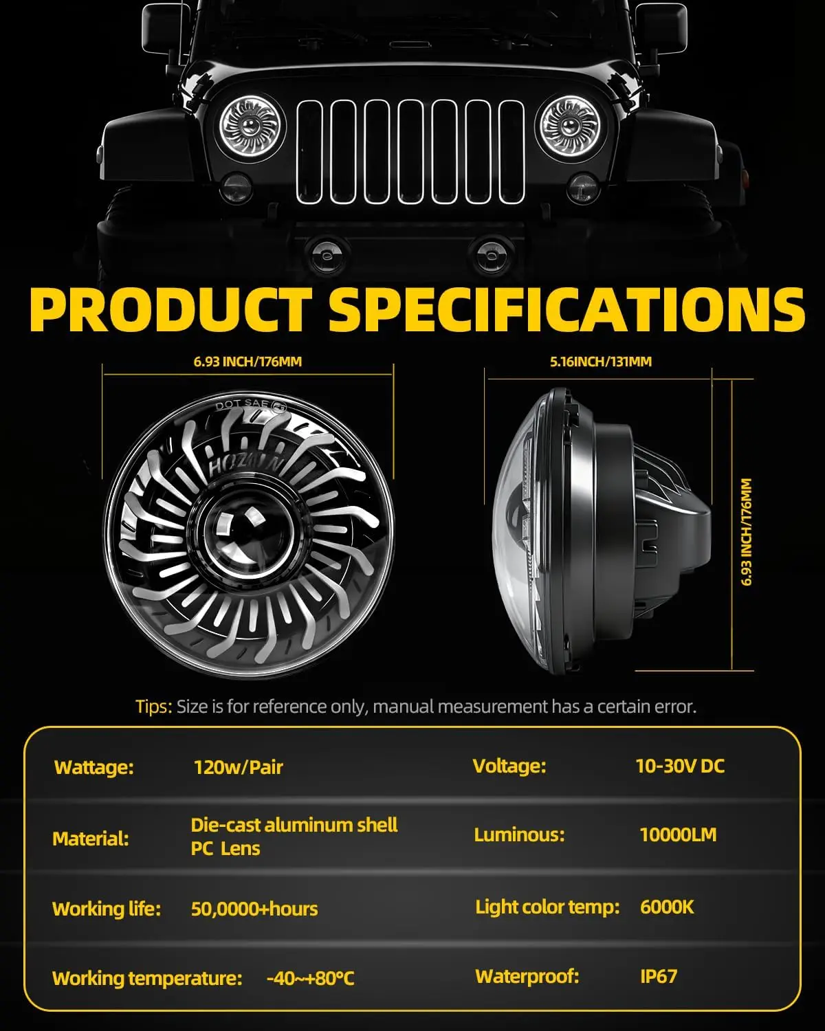 

﻿ 7 Inch LED Headlights Compatible with Jeep Wrangler JK JKU TJ LJ CJ, DOT Approved H6024 headlight High/Low Beam 6000K IP67