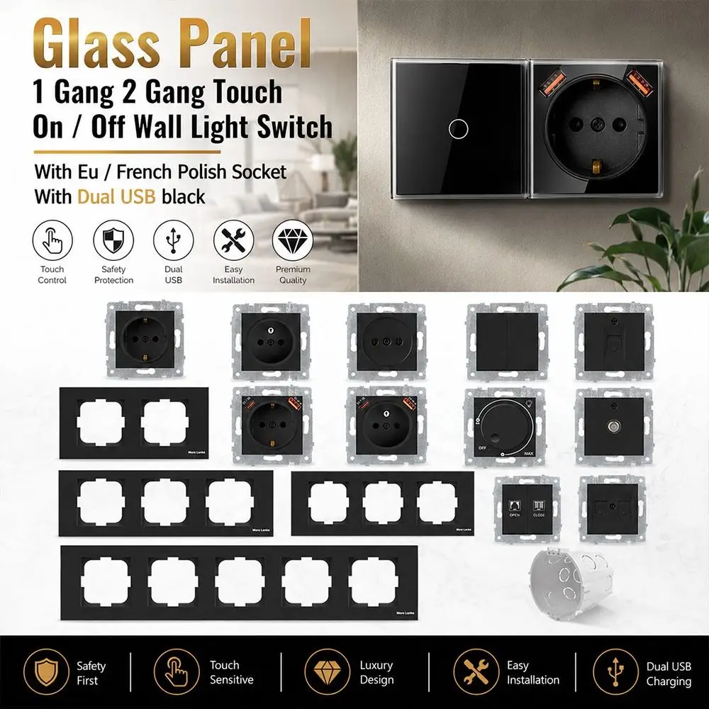 1Pcs 220V 16A 250V Modular Sockets And Switches Dual USB Fast Charge PC Panel EU French Socket Module RJ45 TV
