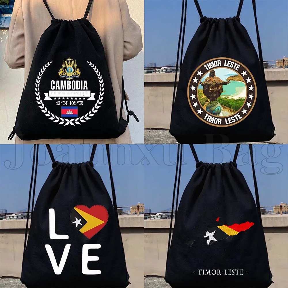 

Timor Leste Map Flag Cambodia Cute Canvas Drawstring Bags Soccer Backpack Sackpack Gifts String Bag for Exercising Hiking Sports