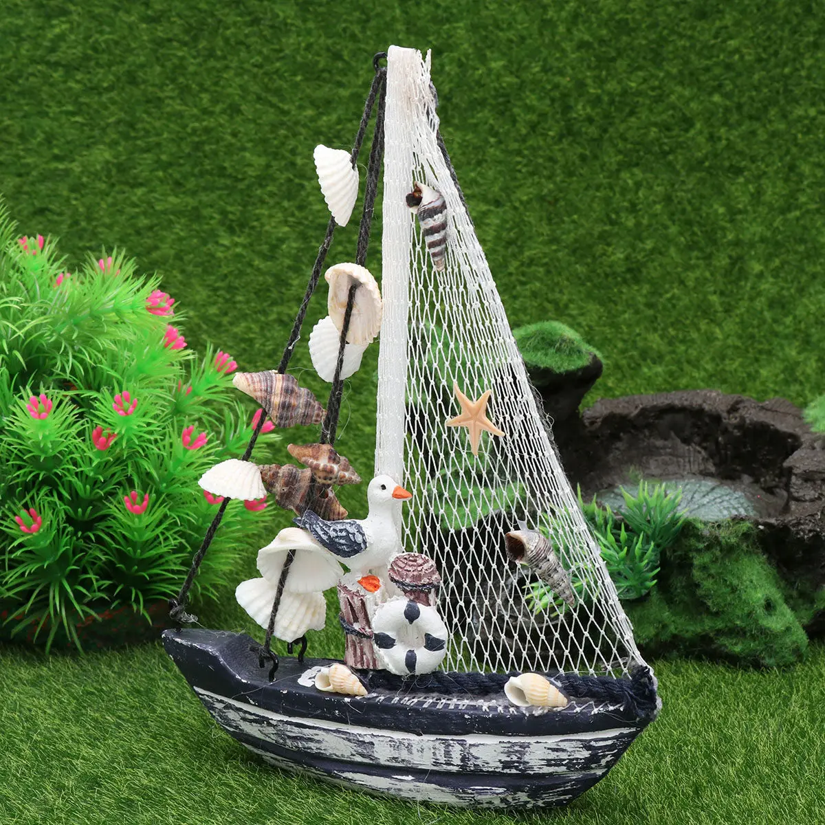 Mini Shell Sailing Boat Ornament Premium Resin Wood Craft Home Decoration Living Room Bedroom Office Stylish Gift for Friend
