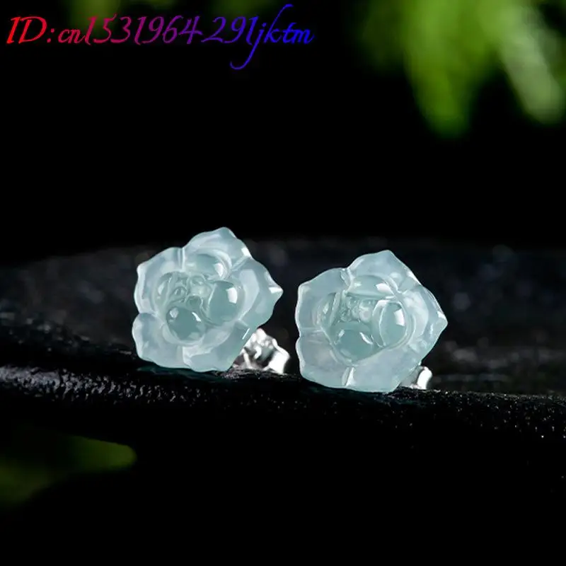 Blue Burmese Jadeite Flower Earrings 925 Silver Fashion Accessories Ear Stud Charm Jewelry Natural Burmese Jade Amulet 3