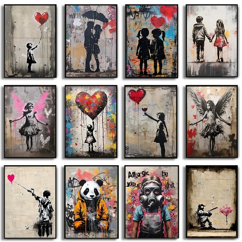 Pop Street Graffiti Wall Art Posters Banksy Boy Girl with Balloon on Canvas Posters Prints Painting Living Room Home Decor Gifts