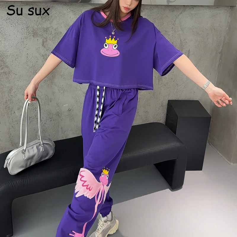 

2026 Summer Japanese Korean Fashion Oversized Pant Sets Woman Outfits Casual Cartoon Print Short Sleeve T Shirt Matching Sets