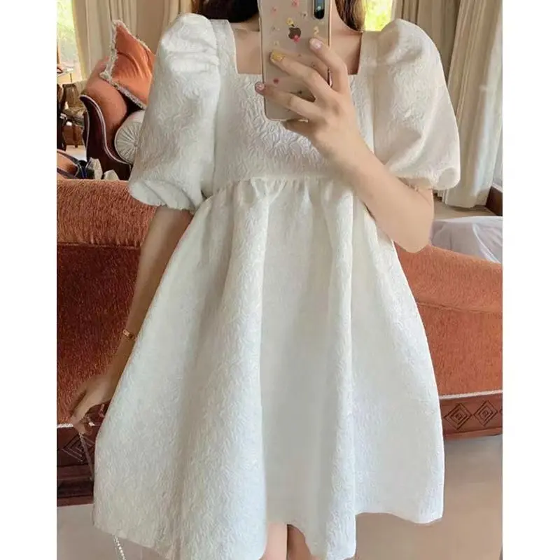 

Women's White Square Neck Mini Dress Puff Sleeve Fairy Princess Dress for Summer French Style Sweet Court Dress for Petite