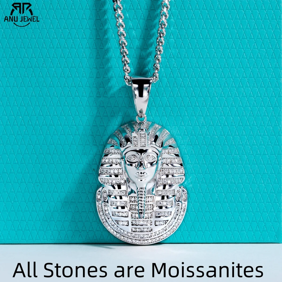 

AnuJewel Moissanite Mystery Pharaoh's Mummy Mask Pendant Hip Hop Necklace 925 Sterling Silver Chain 60 Cm Jewelry Gifts for Men