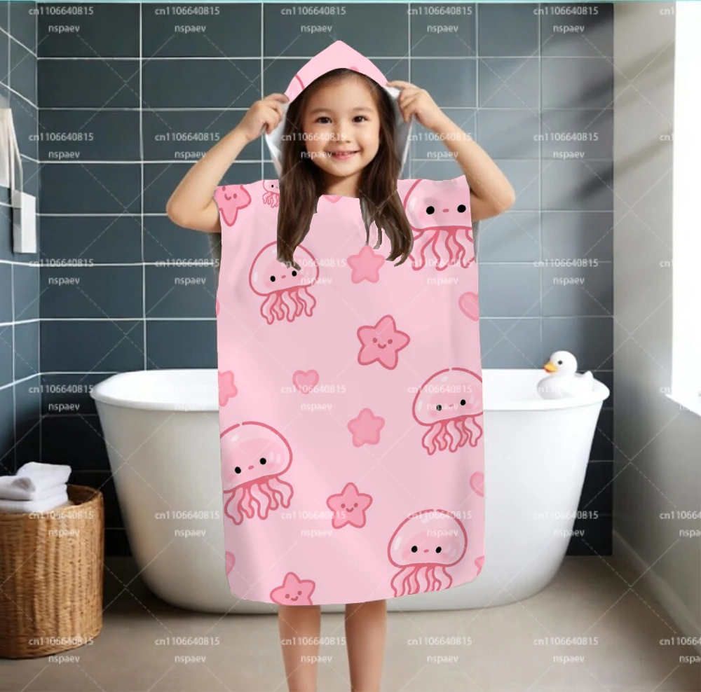 Cute Pink Jellyfish Star Print Kids Hooded Bath Towel, Soft Microfiber Poncho Towel for Baby Girls