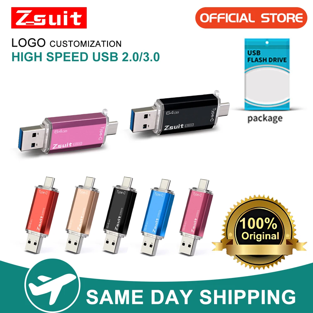 ZSUIT LC Type-c 3.0 Flash Drive 16GB 32GB Metal OTG 2 IN 1 Pen Drive 2.0 Memory Stick USB Custom LOGO cle Usb Waterproof U Disk