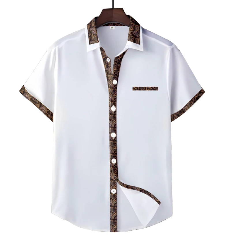 

Men's Perris pattern summer short sleeved shirt casual Hawaiian vacation T-shirt cashew print versatile white shirt
