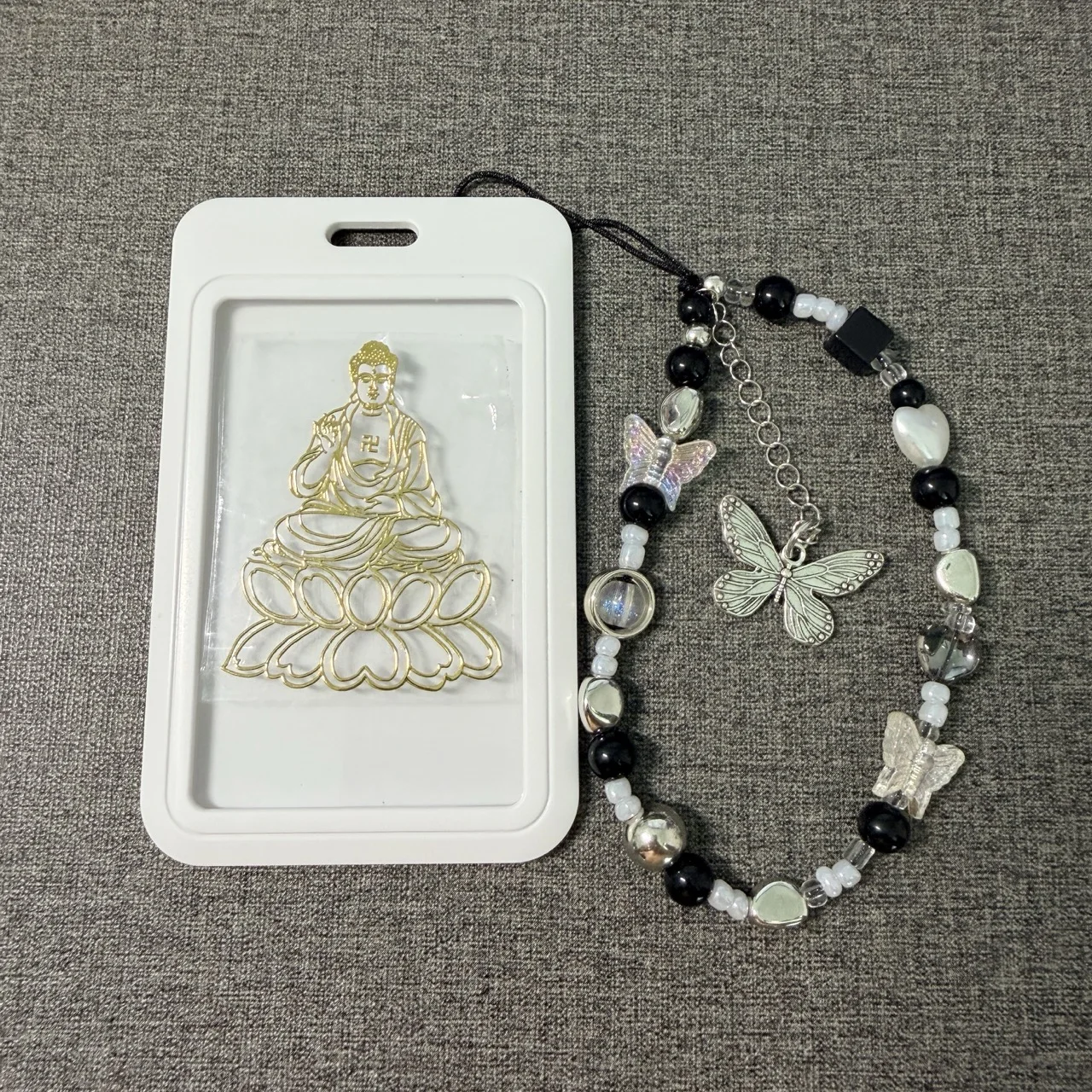 Butterfly Buddha Pattern Metal Phone Sticker Leather Lanyard Anti-lost Lucky Card Holder