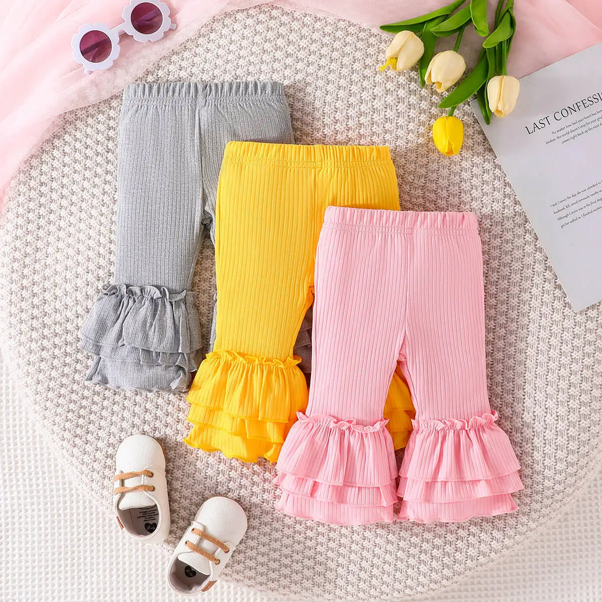 

New 2023 Pants for Kids Autumn Trousers Enfant Garcon Kids Fashion Ruffles Pink Yellow Baby Girls Overalls Pants 0-24M