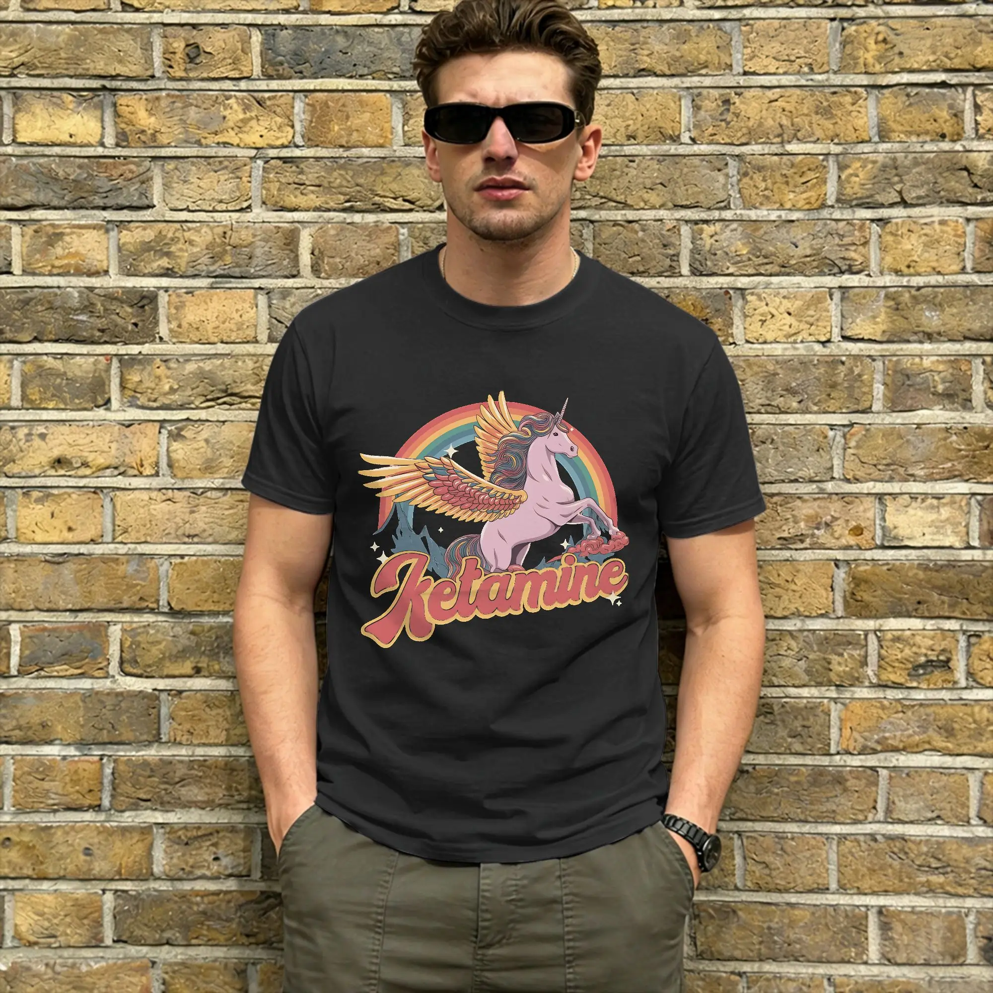 Rainbow Unicorn Ketamin Horse Men T Shirts  Creative Tees Short Sleeve Crewneck T-Shirt Pure Cotton Birthday Gift Clothing
