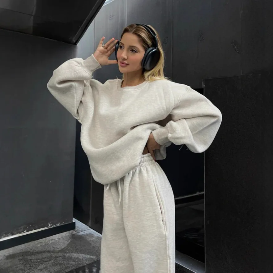 

Модная однотонная свободная толстовка с круглым вырезом и поясом, повседневный комплект из 2 предметов, женские длинные брюки из полиэстера в уличном стиле