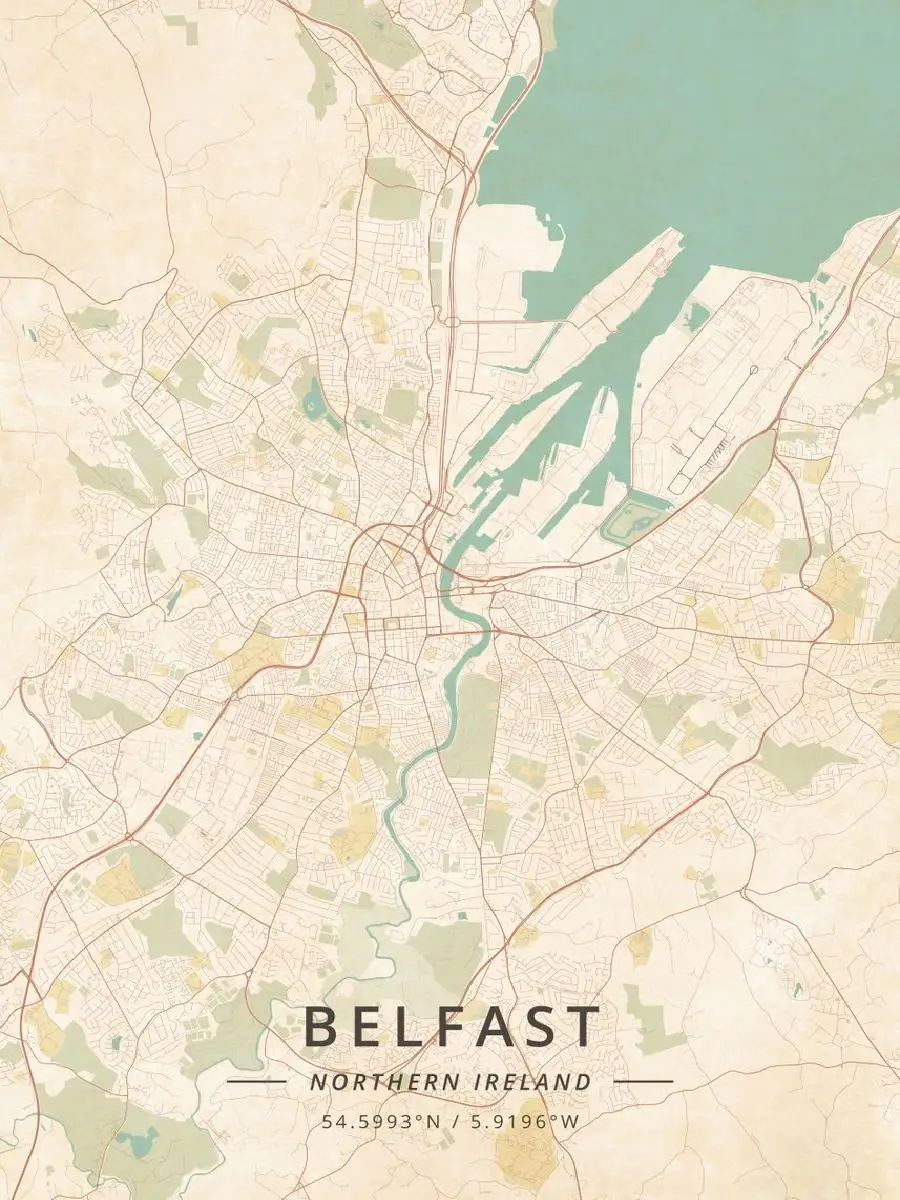 Belfast Northern Ireland Vintage Map Poster Print  Nature  Travel Wall Decor for Home and Office