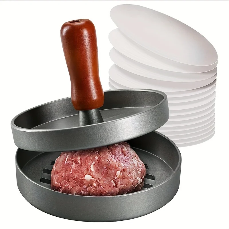 1set, Burger Press With 100 Patty Papers Set, Non-Stick Hamburger Press Patty Maker Mold With Free Wax Patty Paper Sheets | Meat