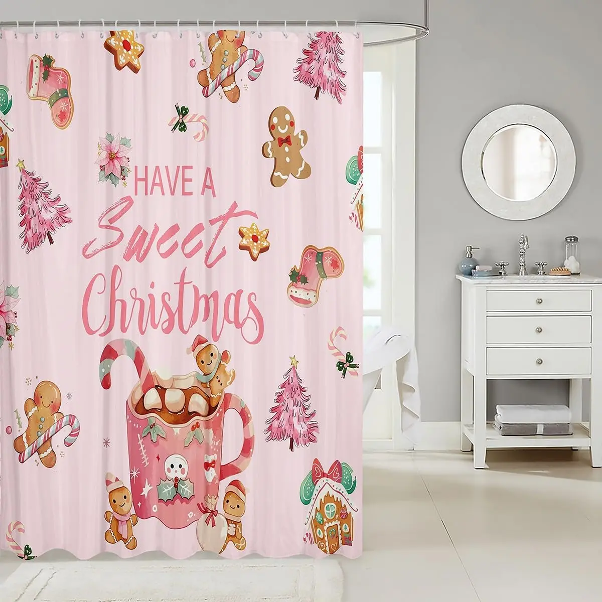Sweet Pink Christmas Gingerbread House Shower Curtain with Cute Gingerbread Man Pattern,  Bathroom Decor for Xmas Holiday