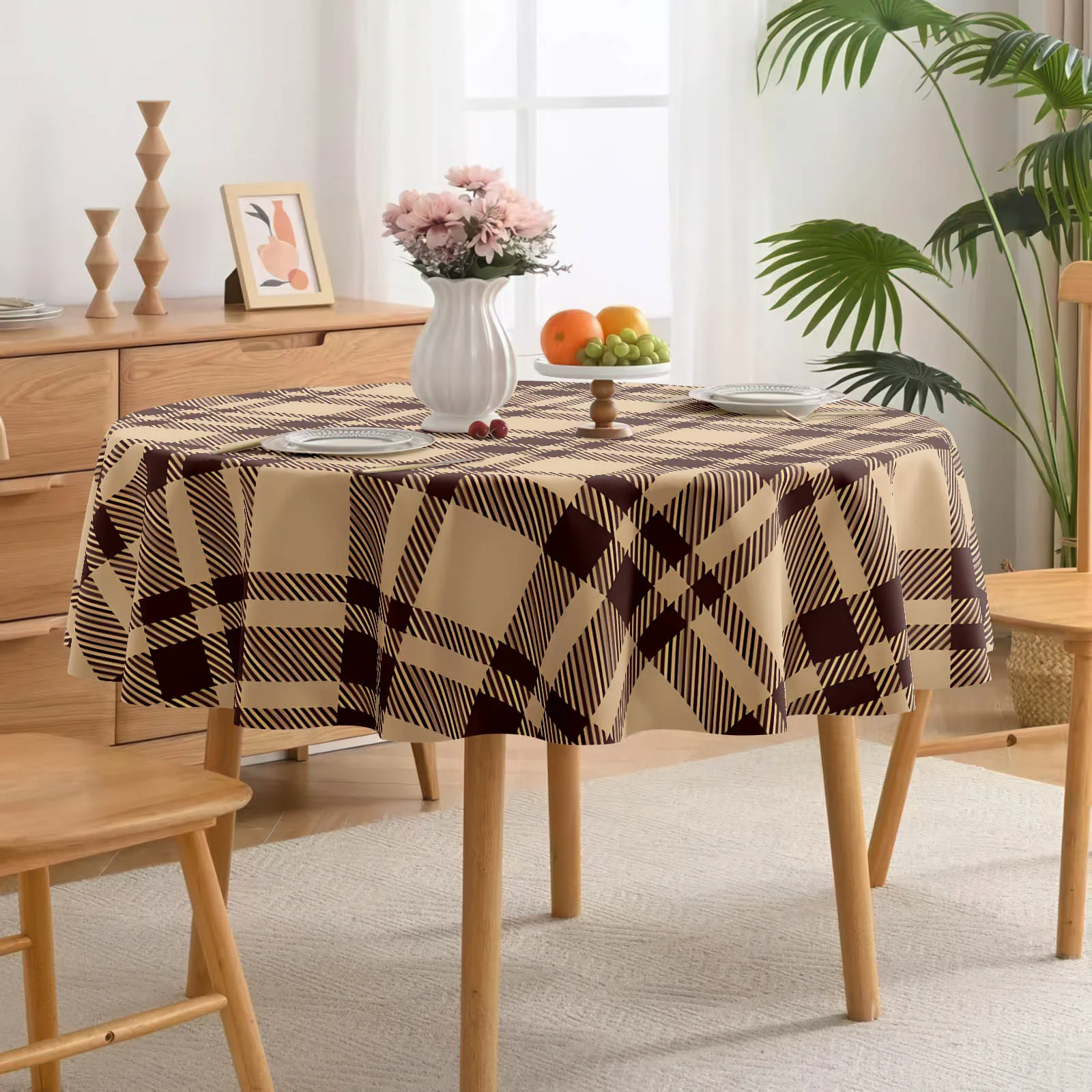 1 PC Brownish-Gray Checkered Interlaced Pattern Tablecloth {2D Fingerprint Printing} Printed Tableclothzyc