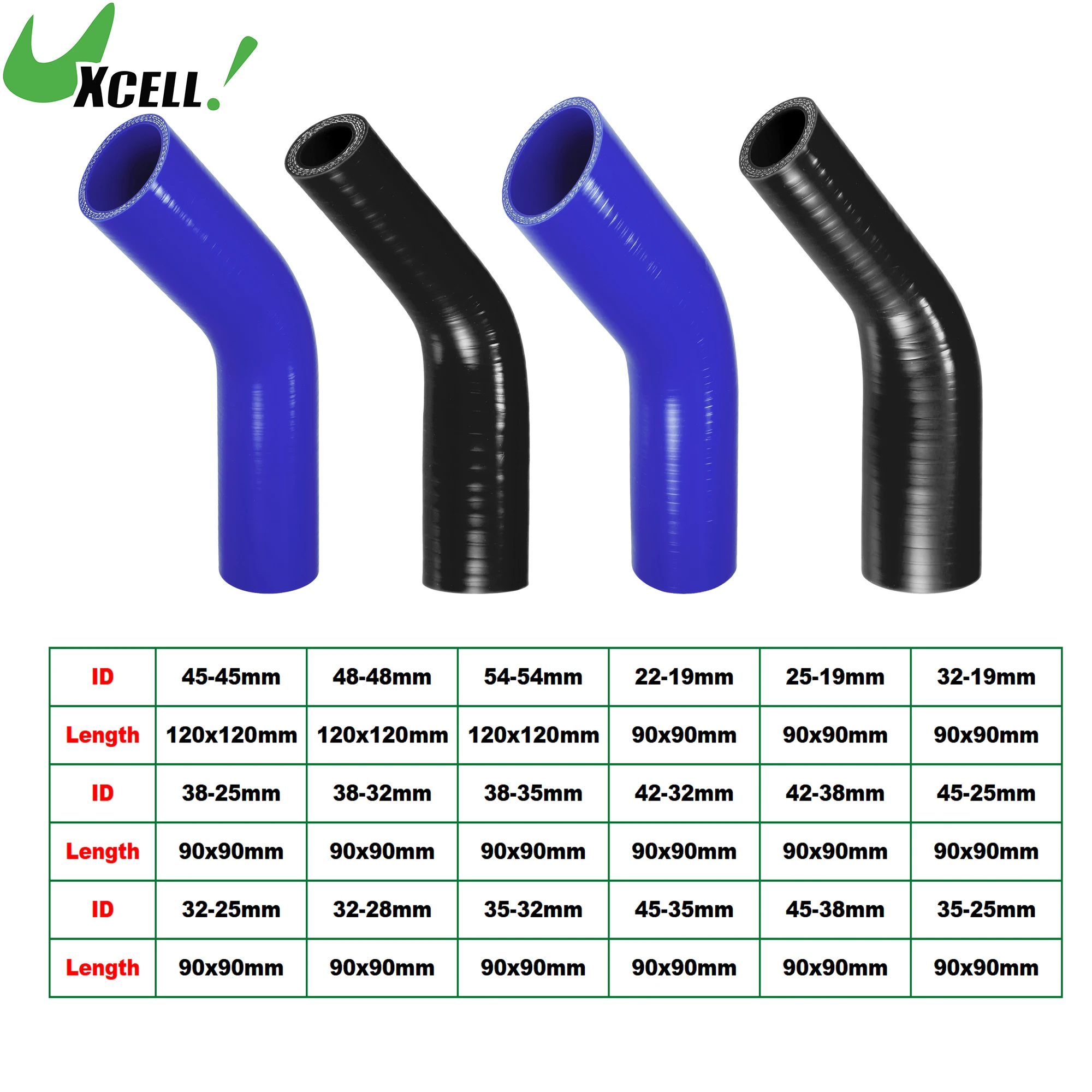 UXCELL 45 Degrees 45mm 48mm ID 19-22mm 28-32mm 38-45mm Car Silicone Hose Coolant Intercooler Hose 90x90mm 120x120mm Length