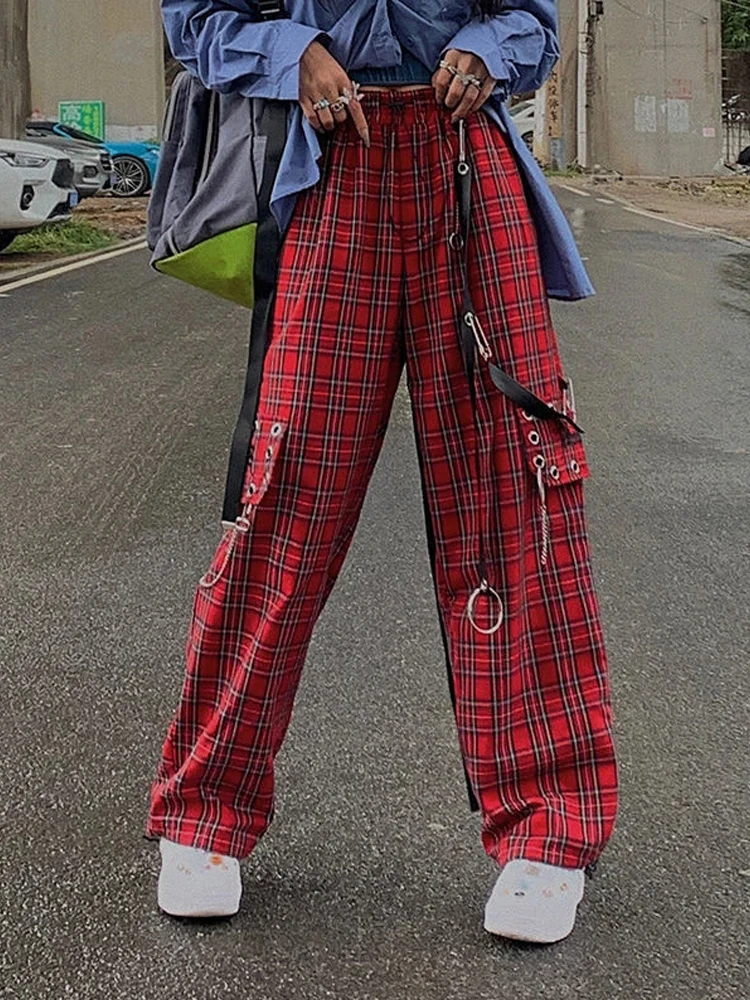 HOUZHOU Punk Cargo Plaid Pants Women Gothic Harajuku Red Checkered Wide Leg Trousers For Female Autumn Streetwear Hippie Fashion