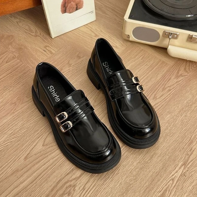 

Thick Sole Women's Leather Loafers British Style 2026 Spring Black Slip On Shoes for Autumn Spring Comfortable Stylish Footwear
