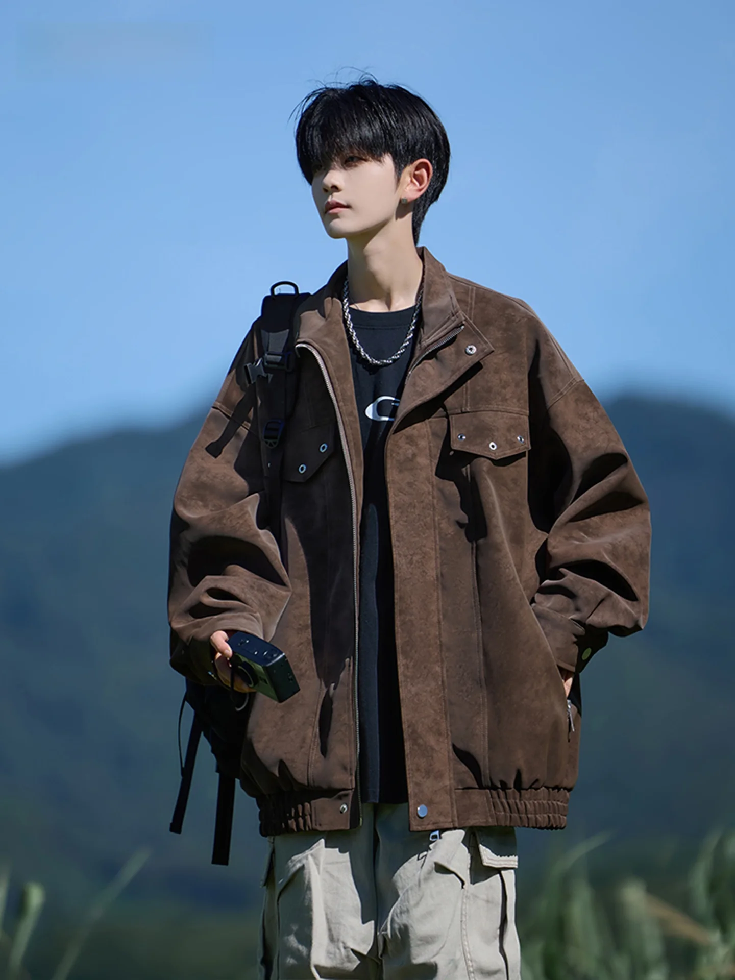 

American Dyed PU Leather Jaet Stand Collar Men's Autumn Winter Cotton Sandwich Thiened Casual Sle Zipper Closure Coat