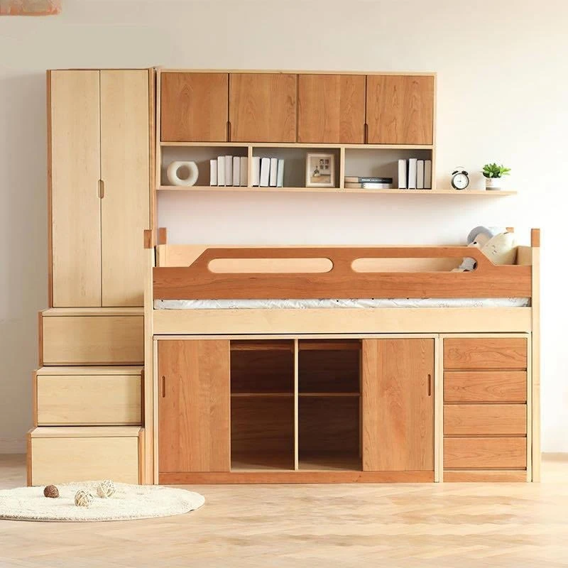 Nordic minimalist modern wardrobe, locker, combination bed, cherry wood hard maple half-height bed