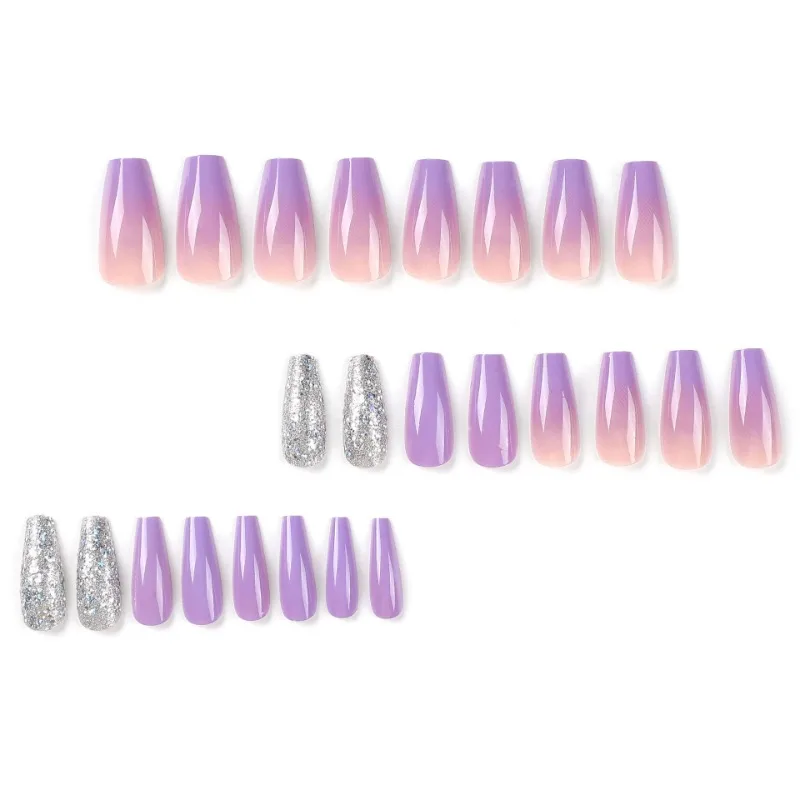 Pressione em unhas falsas Set com cola, unhas postiças com ferramentas, cola, roxo, prata, lantejoulas, médio, encantos, barato, 24pcs