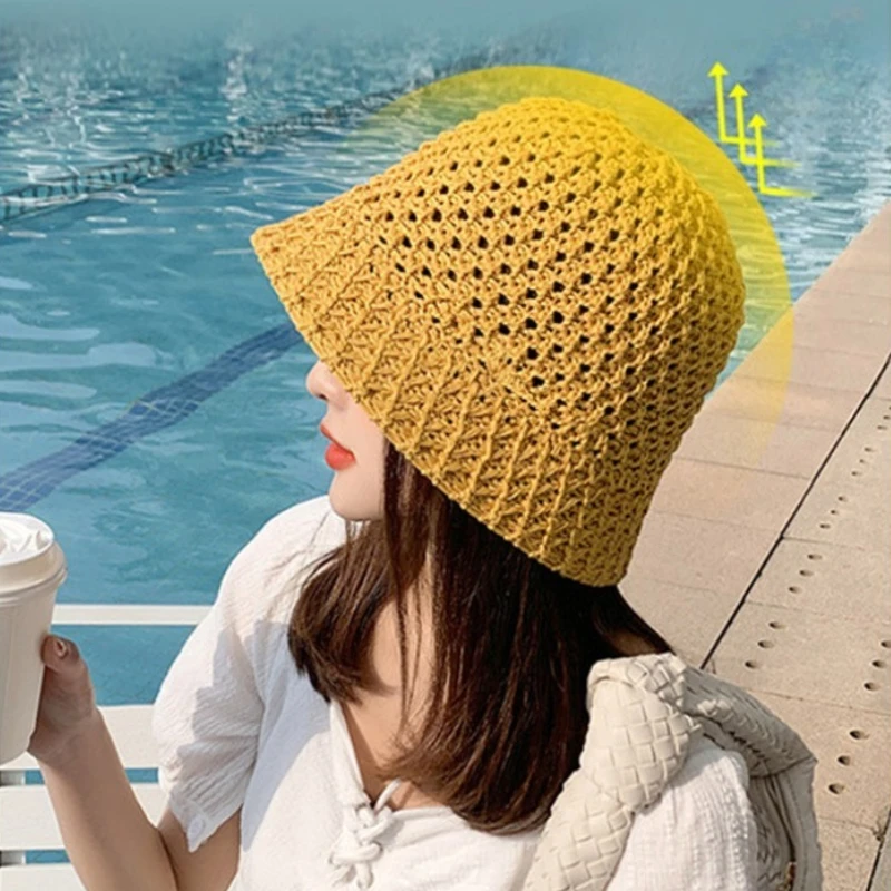Sommer Atmungsaktive Hohl Gestrickte Mode Fischer Hut für Frauen Durchlässigkeit Häkeln Retro Panama Eimer Im Freien Sonnenschutz Hüte – Detail 4