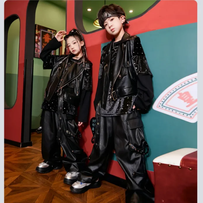 

Костюмы для джазовых танцев для подростков, модная одежда в стиле хип-хоп для мальчиков, повседневный комплект с жилетом в стиле панк для девочек, костюмы для танцевальных выступлений