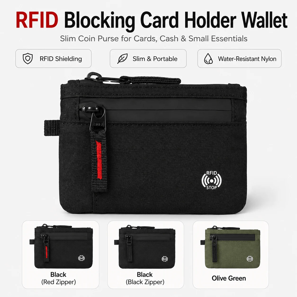 Ultra Slim RFID Shielding Zipper Wallet, Multi-compartment Credit Card Storage Case, Practical for Daily Commuting Outdoor Trips