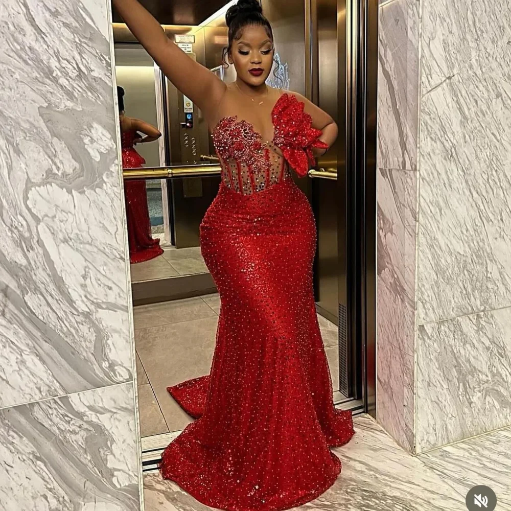 Luxury Red Lace African Long Evening Dresses Floral One Shoulder Mermaid Aso Ebi Formal Party Dress