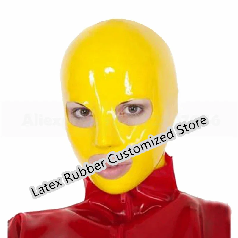 Unisex Latex Hood Mask Yellow Open Mouth Hole Headgear Headpiece Women Men Full Face Mask Hood