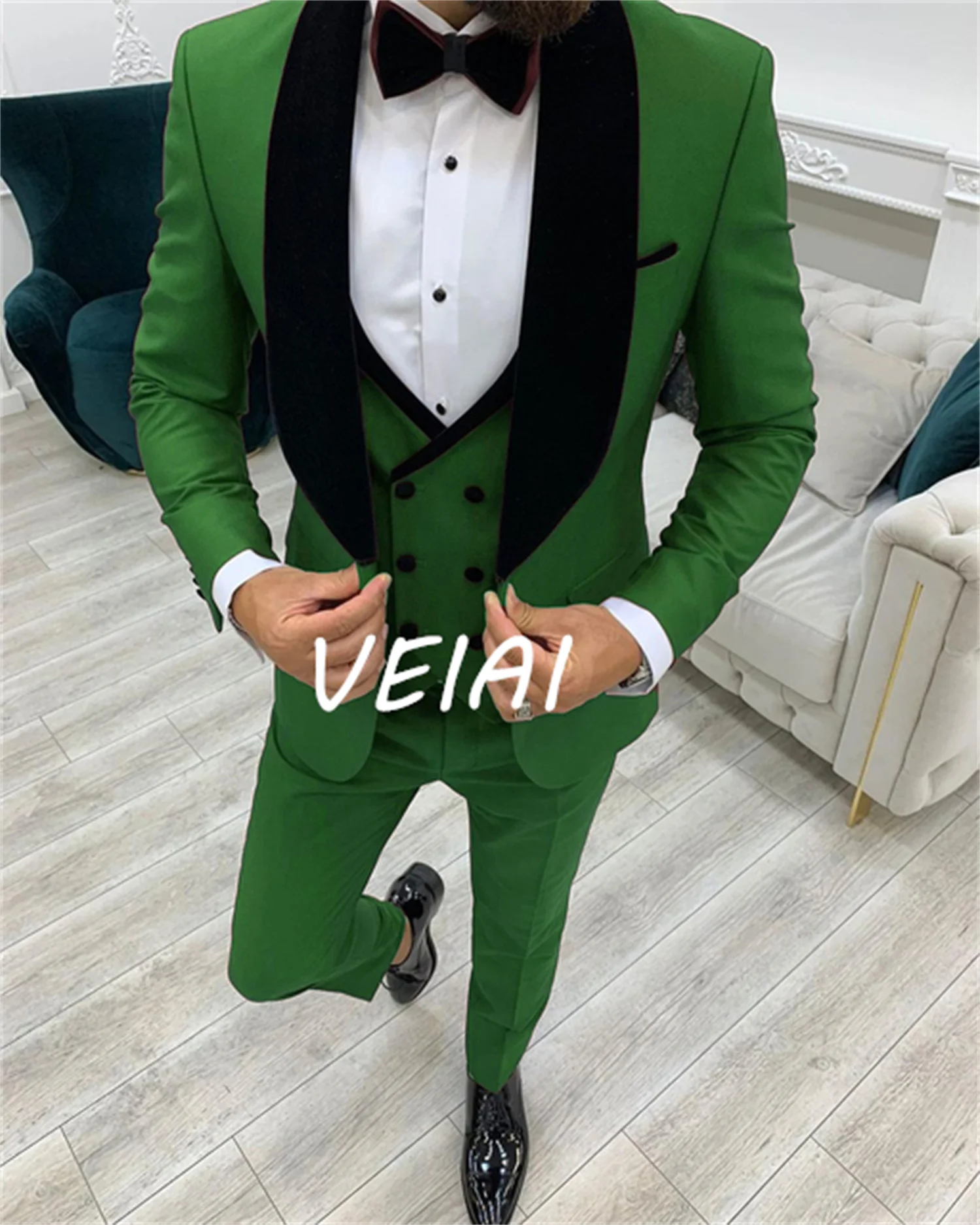 

Customized Fashion Green Business Men Suit 3 Pieces Male Dress Custom Groom Wedding Suit Tuxedo Black Velvet Lapel Blazer Vest P