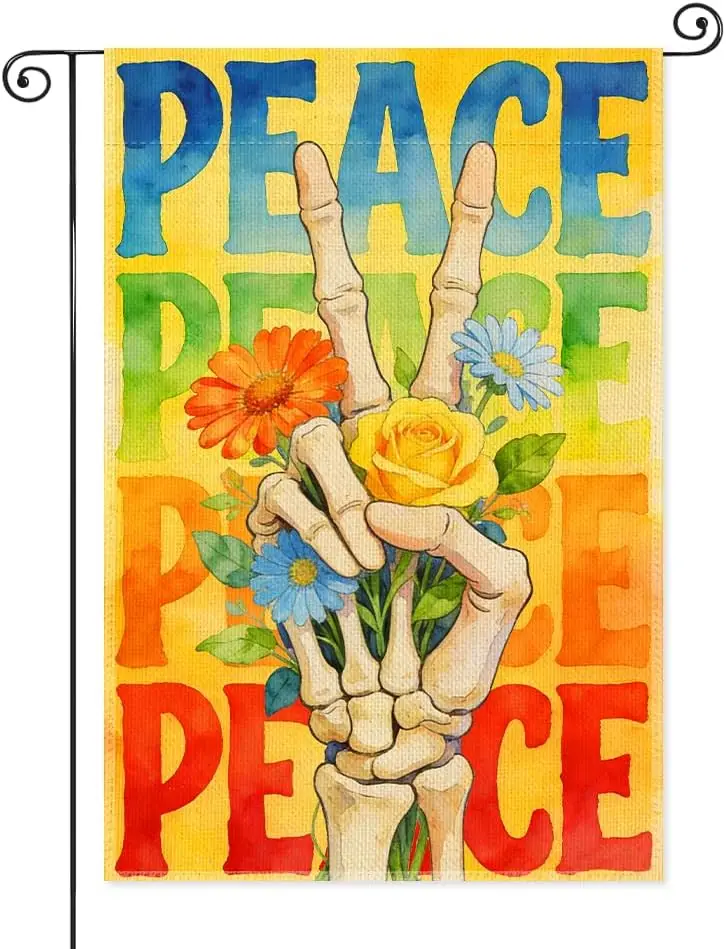 Peace Garden Flags for Outside, Peace Symbol Hand Garden Flag, Funny Skeleton Porch Banner for Men Women, Kindness Yard Sign AAM