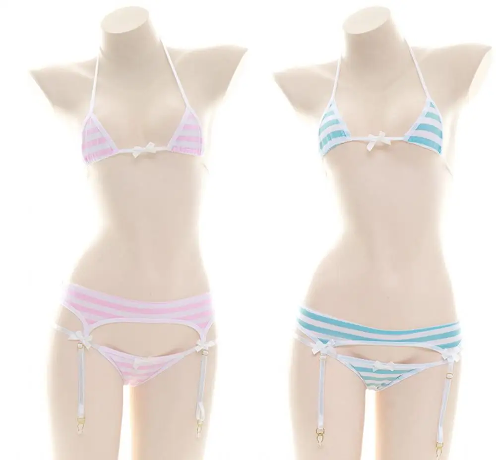 Anime Lolita Girl Blue & Pink White Stripe Bikini Set intimo privato indumenti da notte per la casa Sexy Cosplay Bandge Lingerie Set