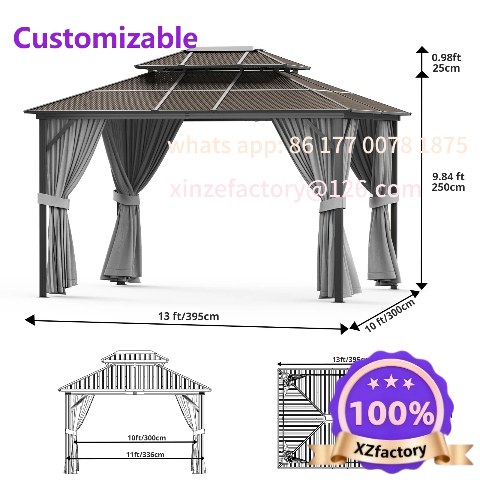 Customizable Hardtop Gazebo 10'x13',Double Polycarbonate Sheets Roof,Aluminum Alloy Frame,Net,and Curtain,for Patio Backyard
